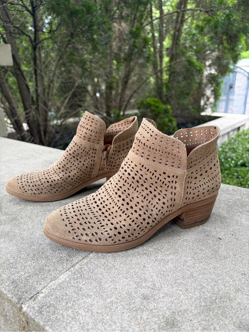Crown Vintage Women's Tan Perforated Suede Ankle Booties